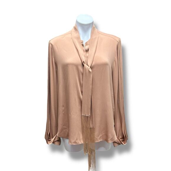 Kobi Halpern Tara Blouse Silk Women Sz Large Long Sleeve Fringed Tie Neck Copper - Picture 9 of 16